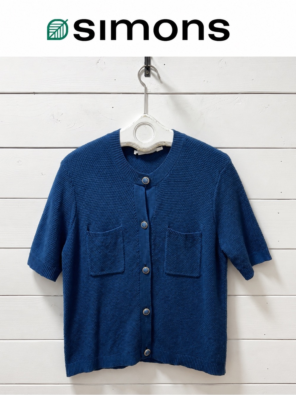 SIMONS Short Sleeve Knit Cardigan Blue Size XL